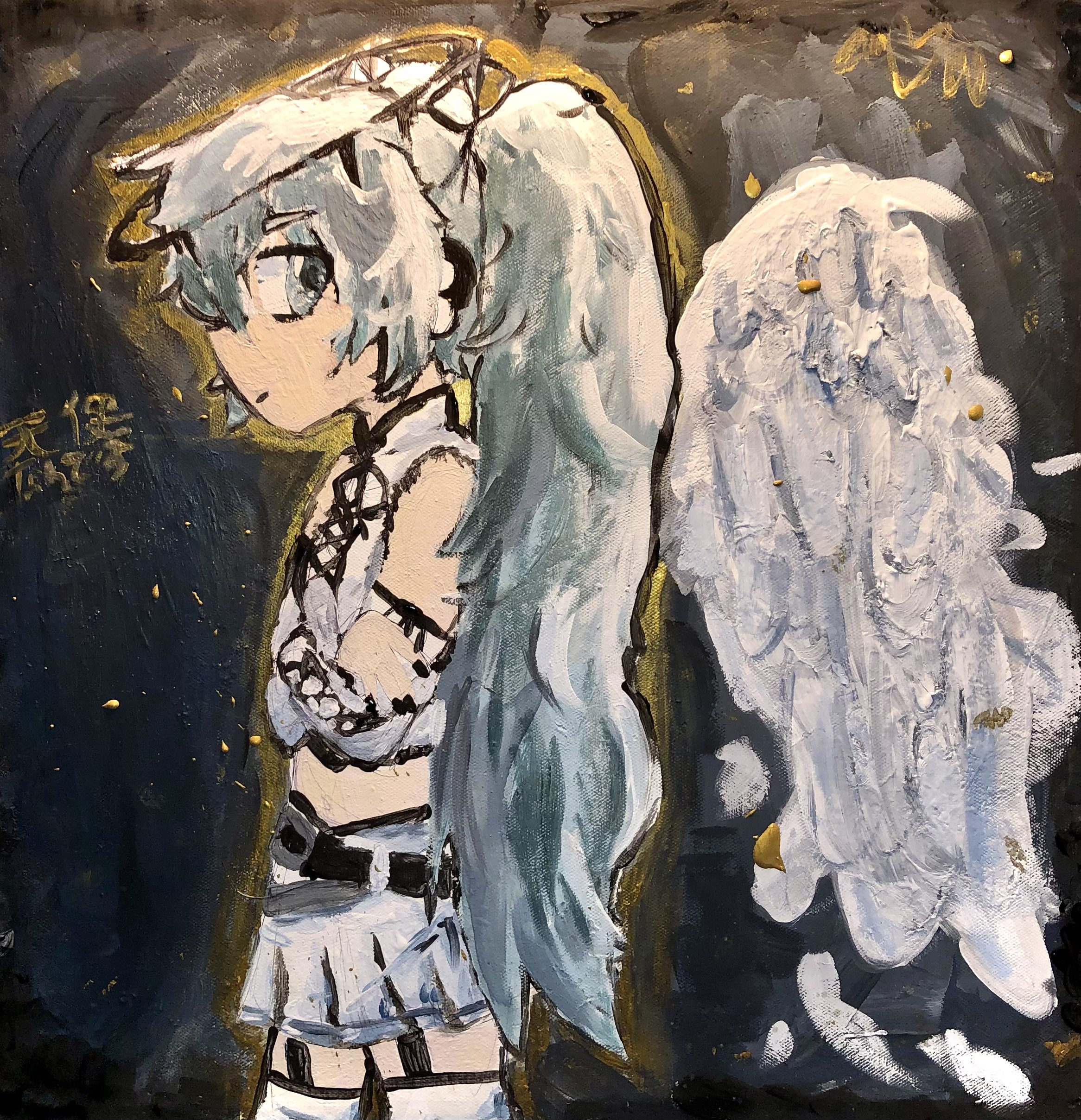 acrylic painting of aile d'ange miku against a dark background