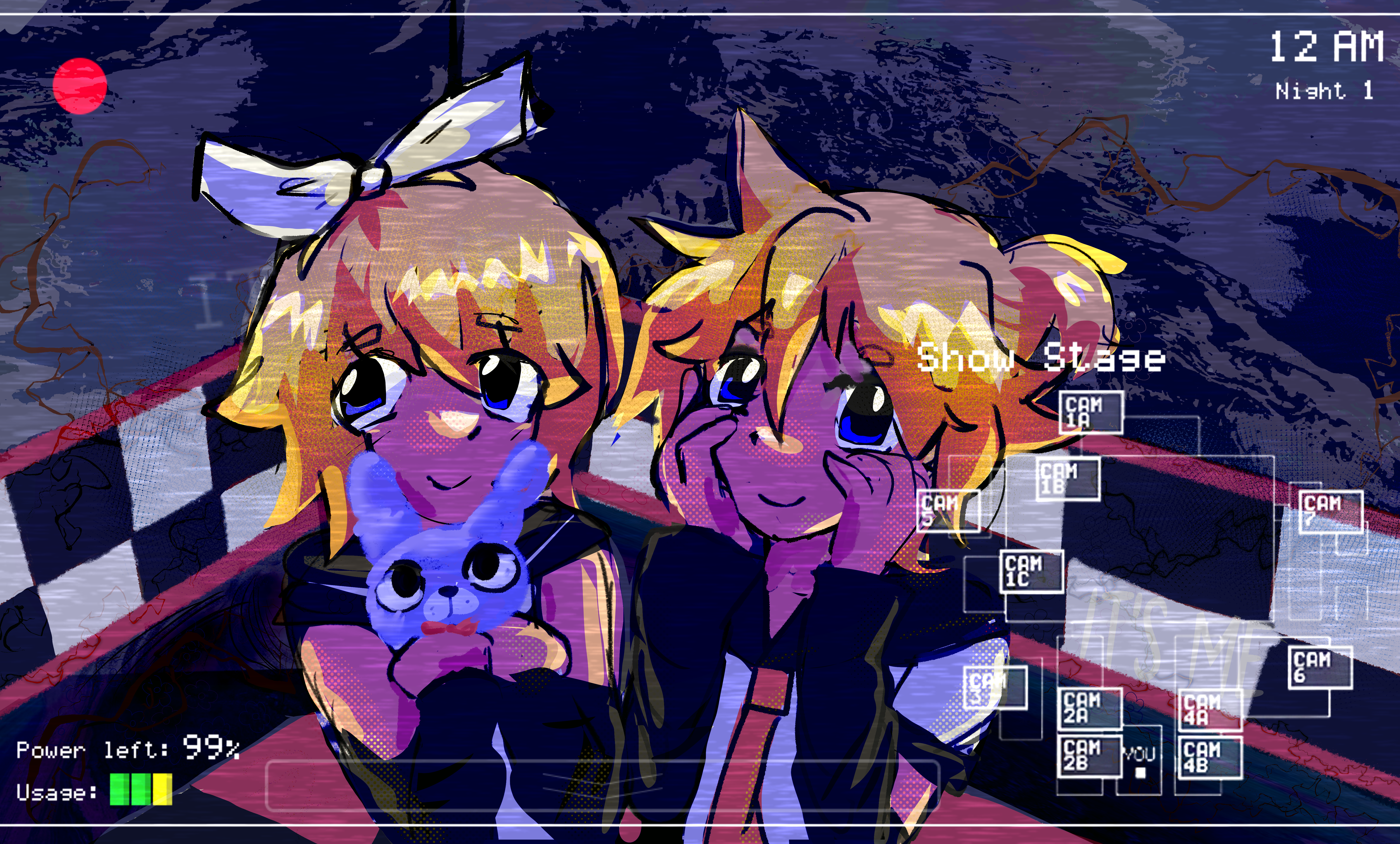 kagamine rin and len with a fnaf camera overlay