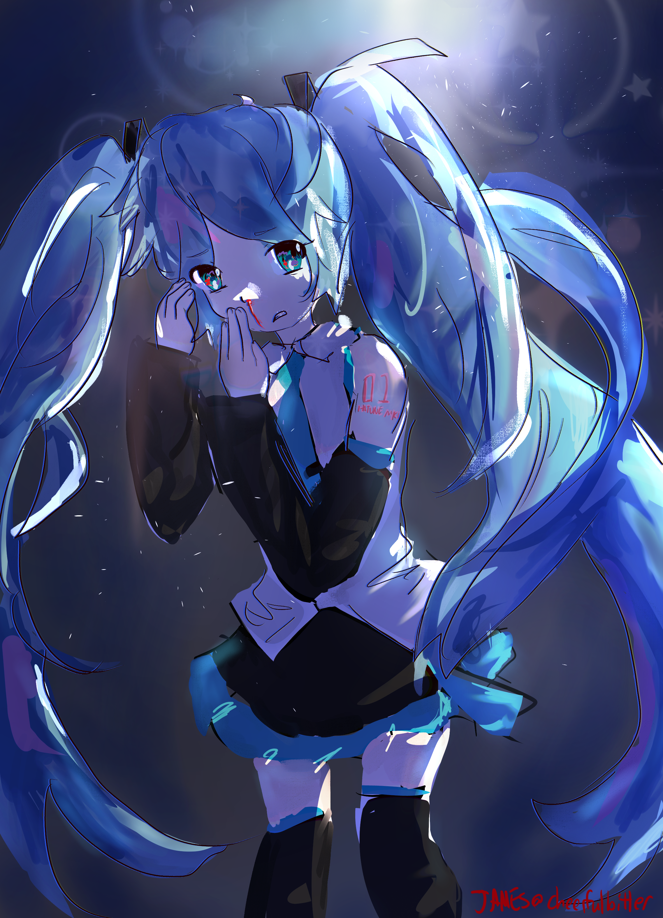 miku on a dark background, in harsh light, with a bleeding nose