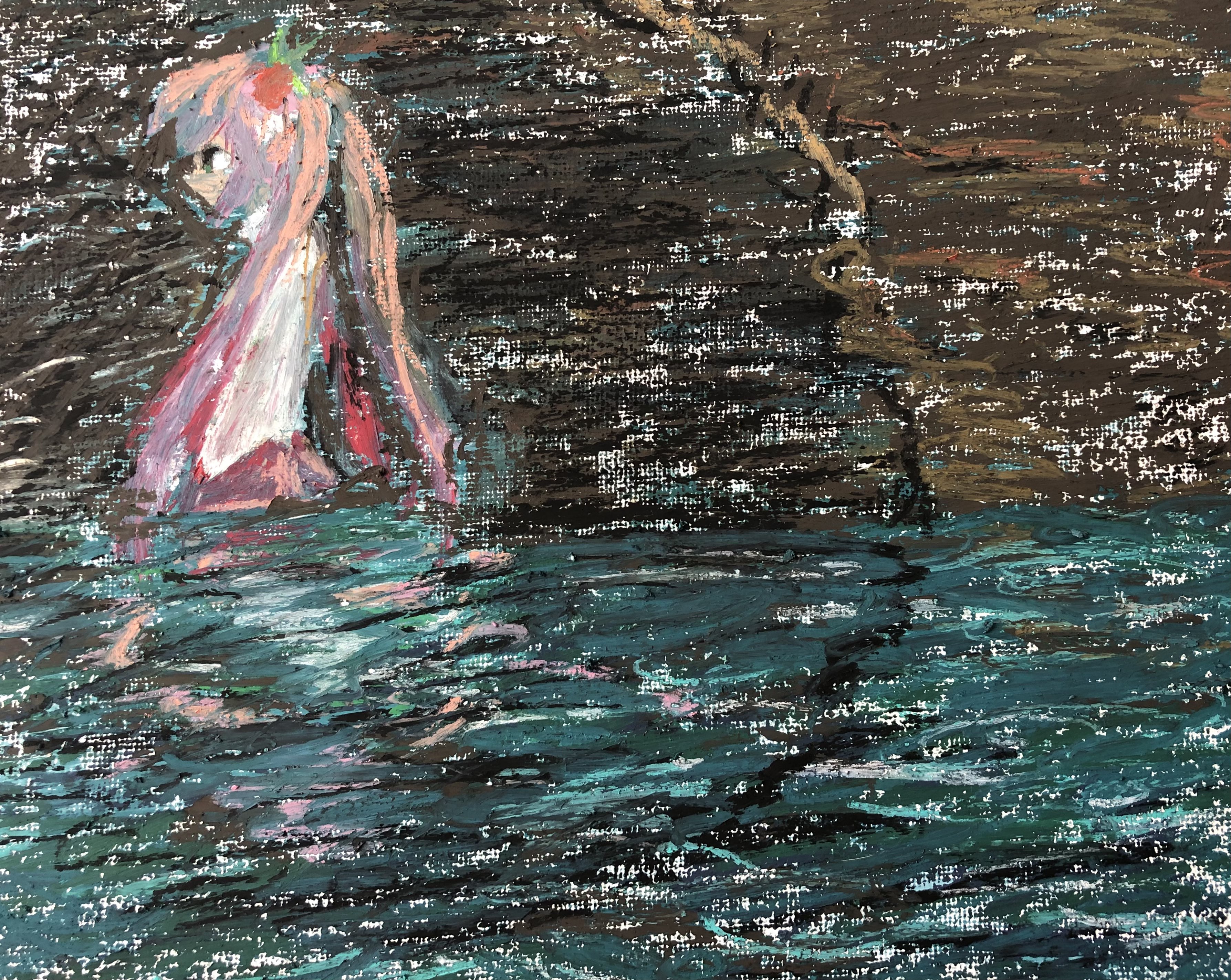 oil pastel drawing of sakura miku standing in a pond, within a cave