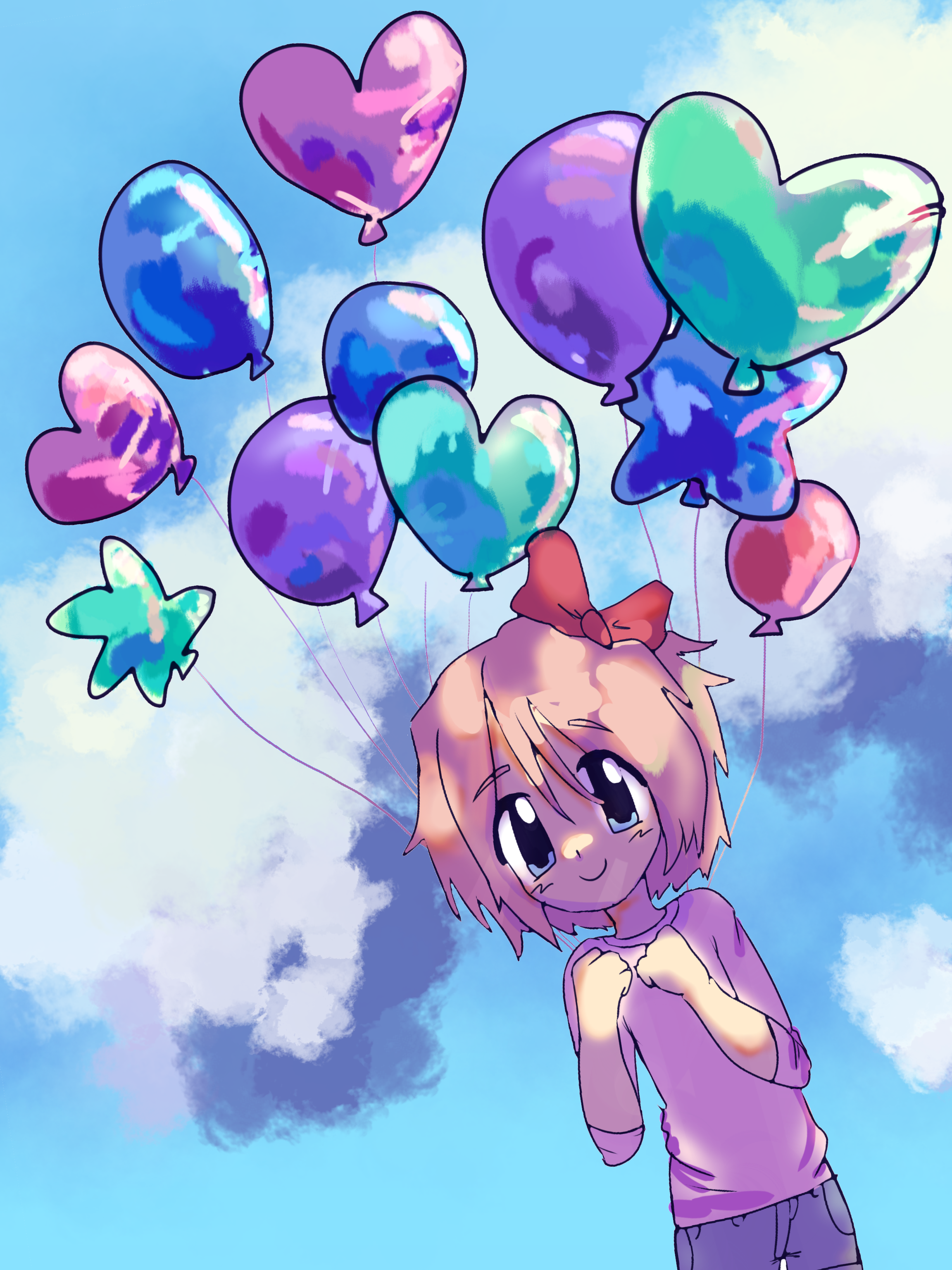 sayori from ddlc, in her casual outfit, holding a bundle of balloons