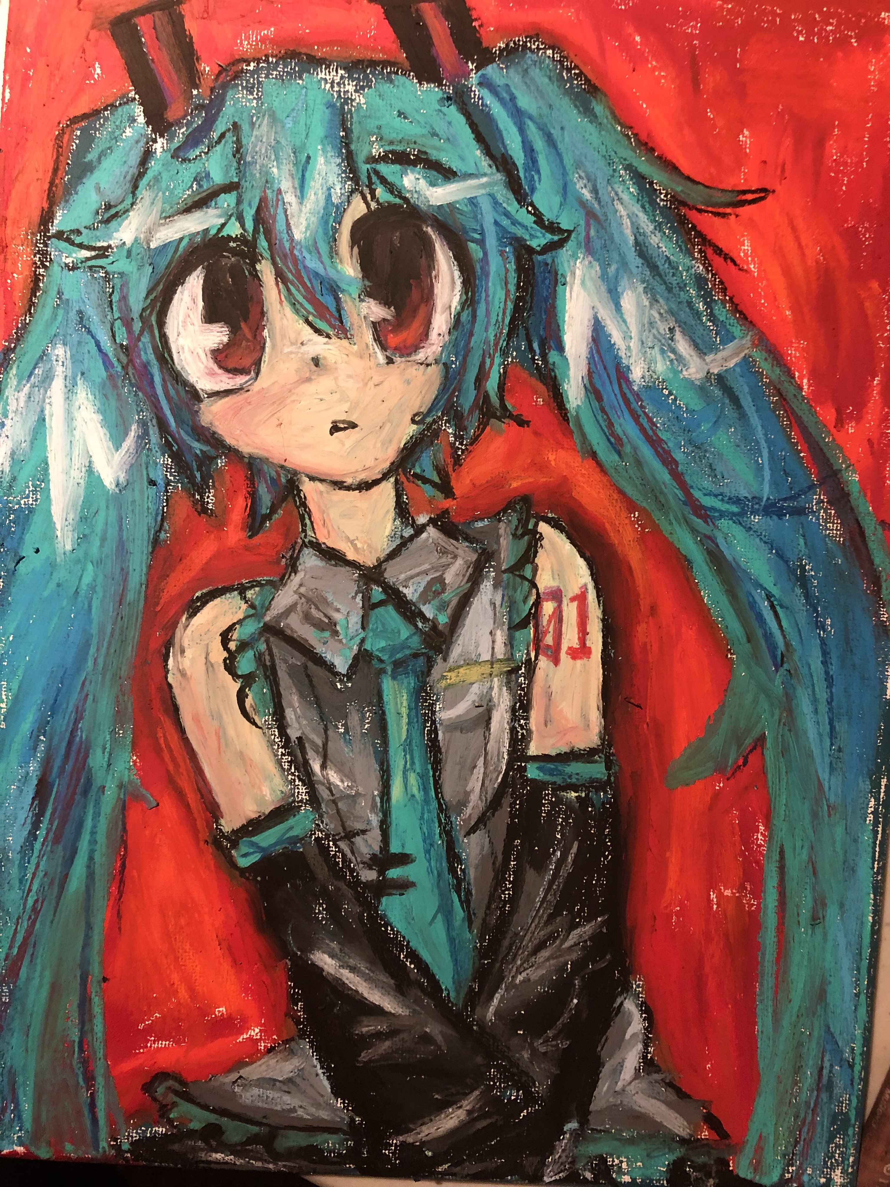 oil pastel drawing of hatsune miku on a bright red background