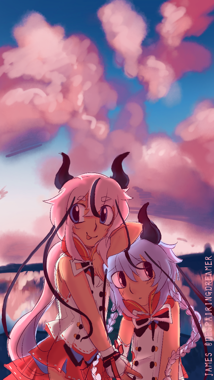 MEIKA hime and mikoto in front of a pink and blue sunset